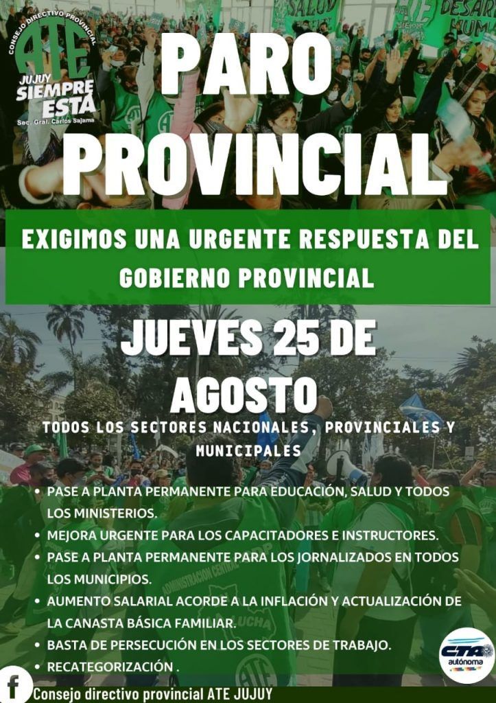 ATE anuncia un nuevo paro para el jueves 25 de agosto - ATE