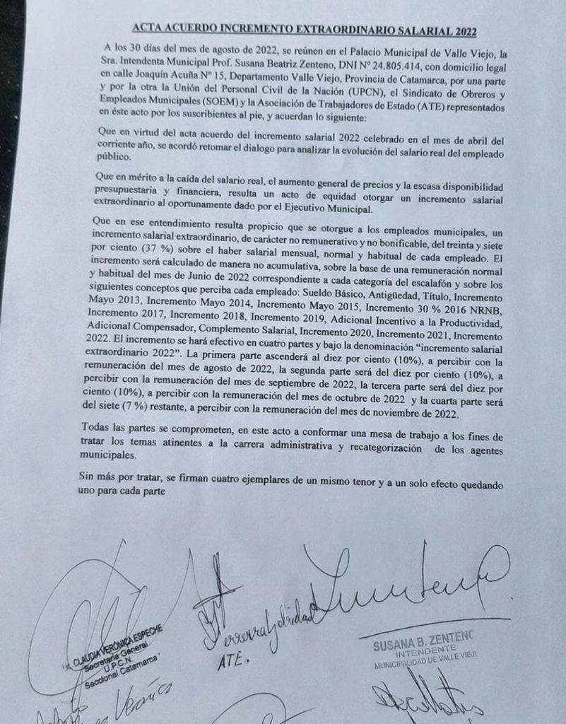 Acuerdo salarial para municipales de Valle Viejo - ATE