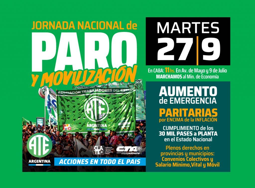 ATE ratifica el Paro y Movilización en todo el país para mañana 27 de ...